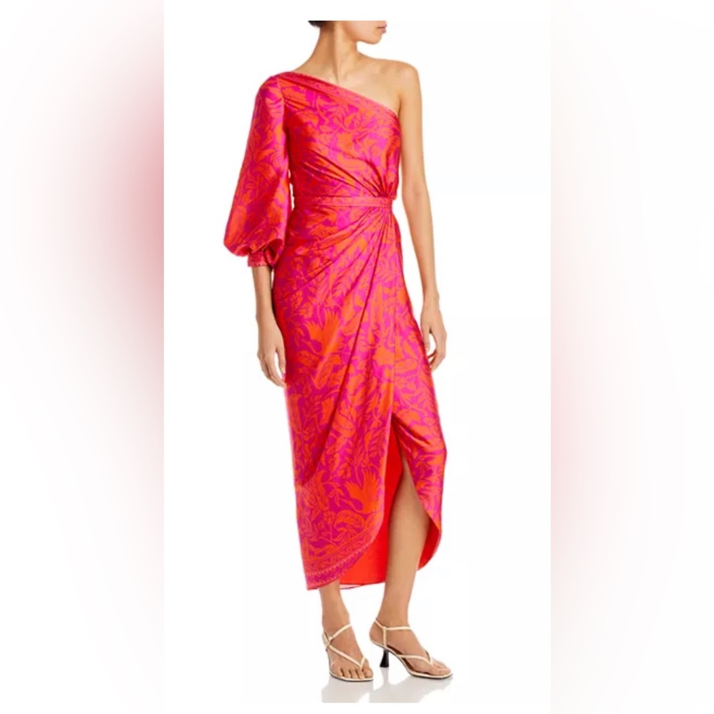 Andres Otalora Timbuktu One Shoulder Dress Color: fuchsia birds print size 4